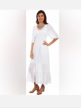White Boho Western Maxi Dress with Lace Trim